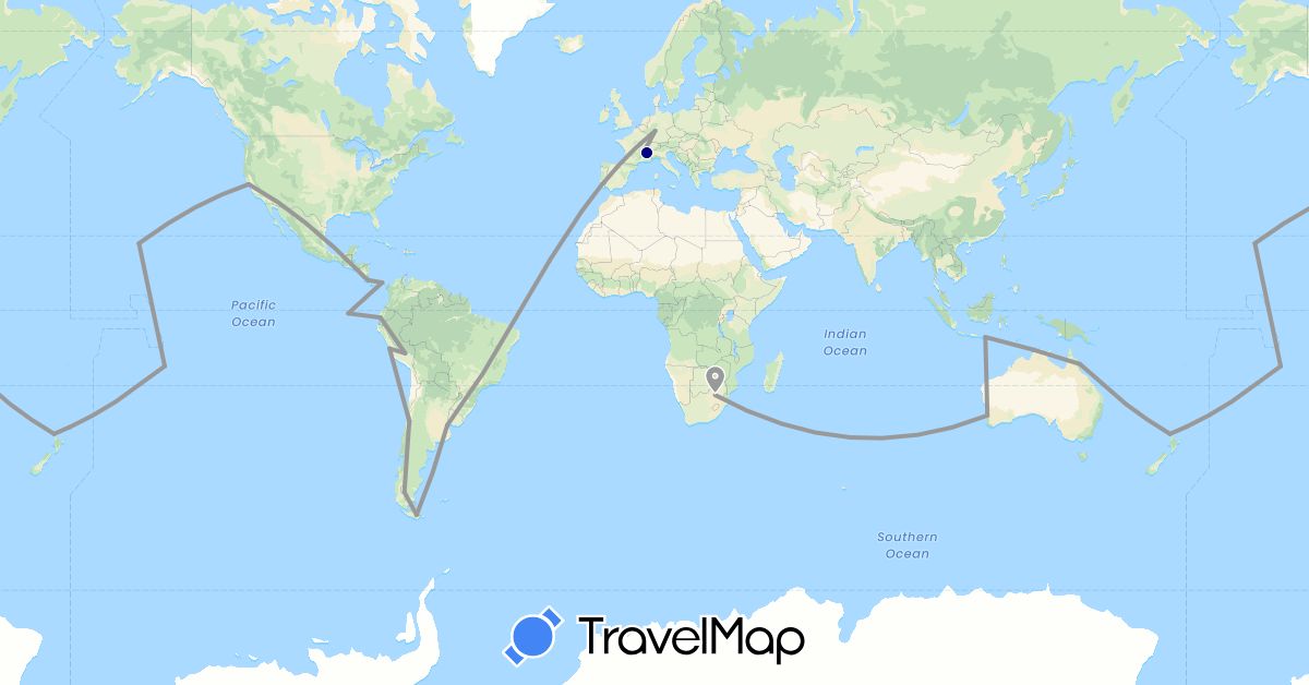 TravelMap itinerary: driving, plane in Argentina, Australia, Chile, Costa Rica, Ecuador, Indonesia, New Zealand, Panama, Peru, French Polynesia, United States, South Africa (Africa, Asia, North America, Oceania, South America)